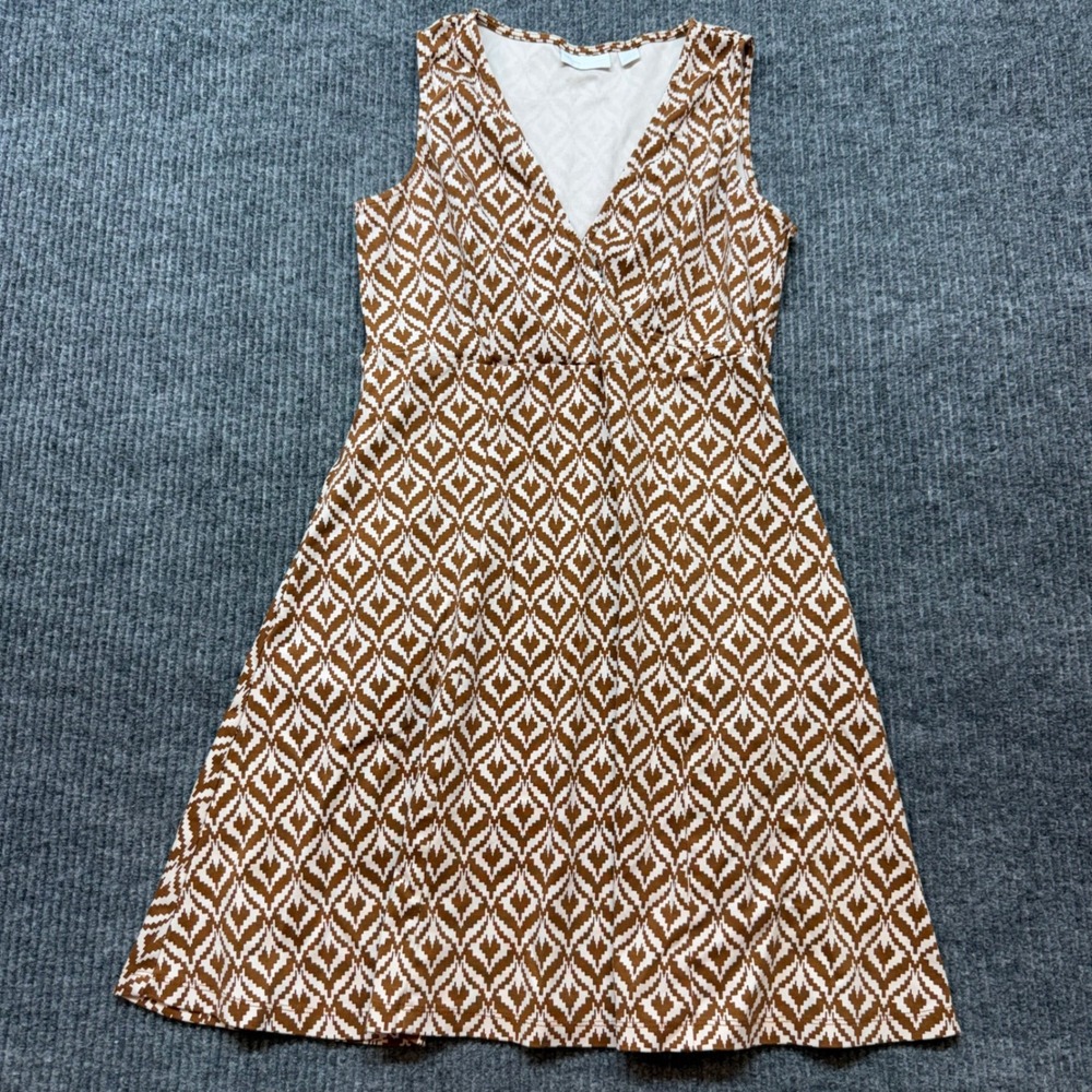 New York & Company Cotton V Neck Dress Medium Brown White Geometric Pockets